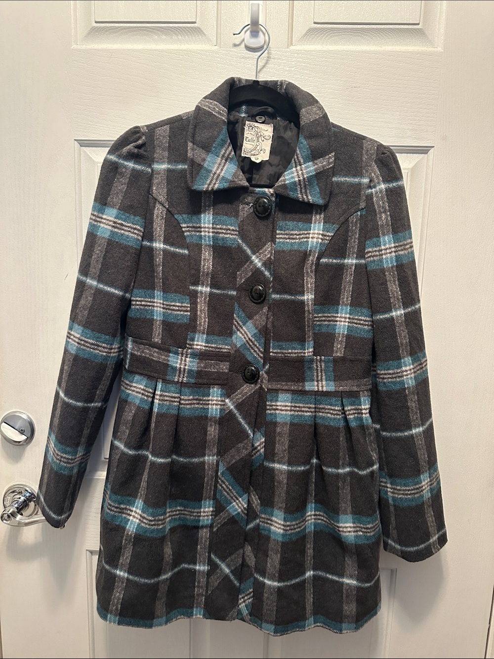 Tulle Plaid Wool-Blend Peacoat Jacket in Charcoal & Teal Size Small